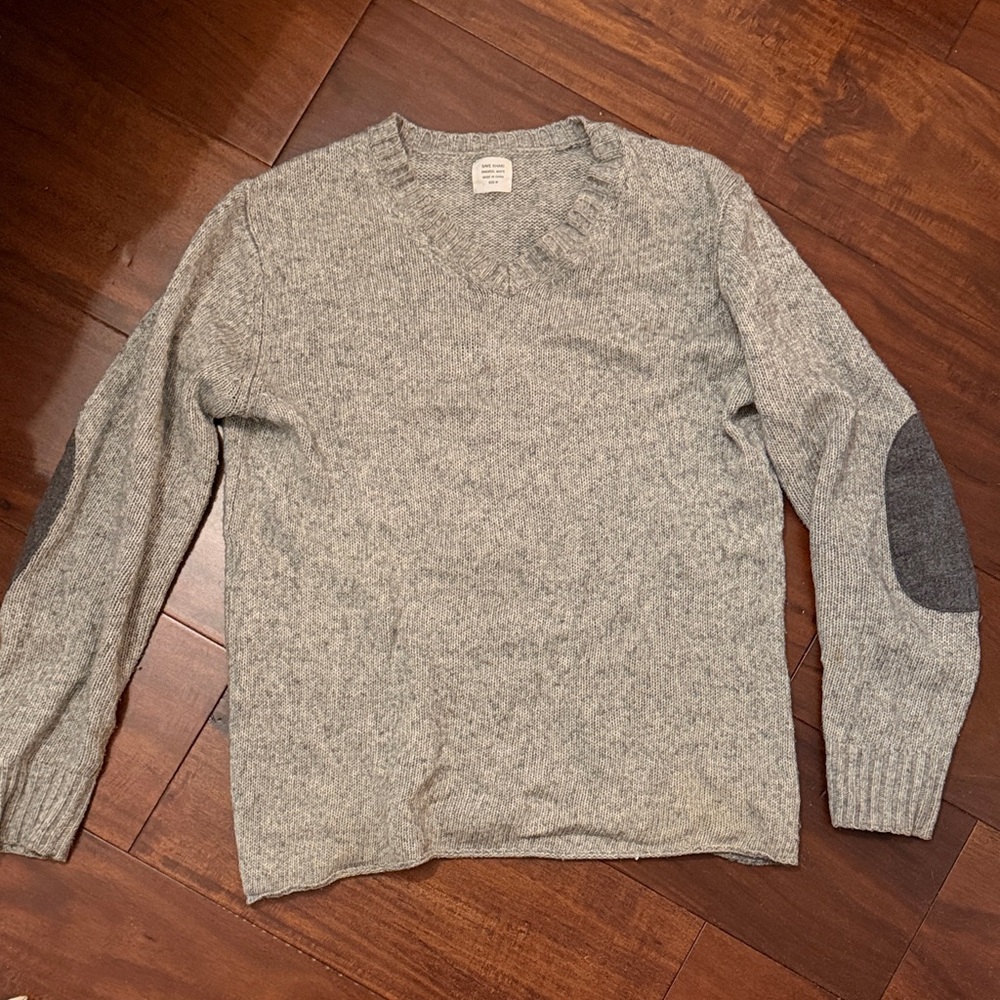 Classic Gray V-Neck Sweater with Elbow Patches
